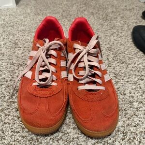 Adidas red and light pink shoes